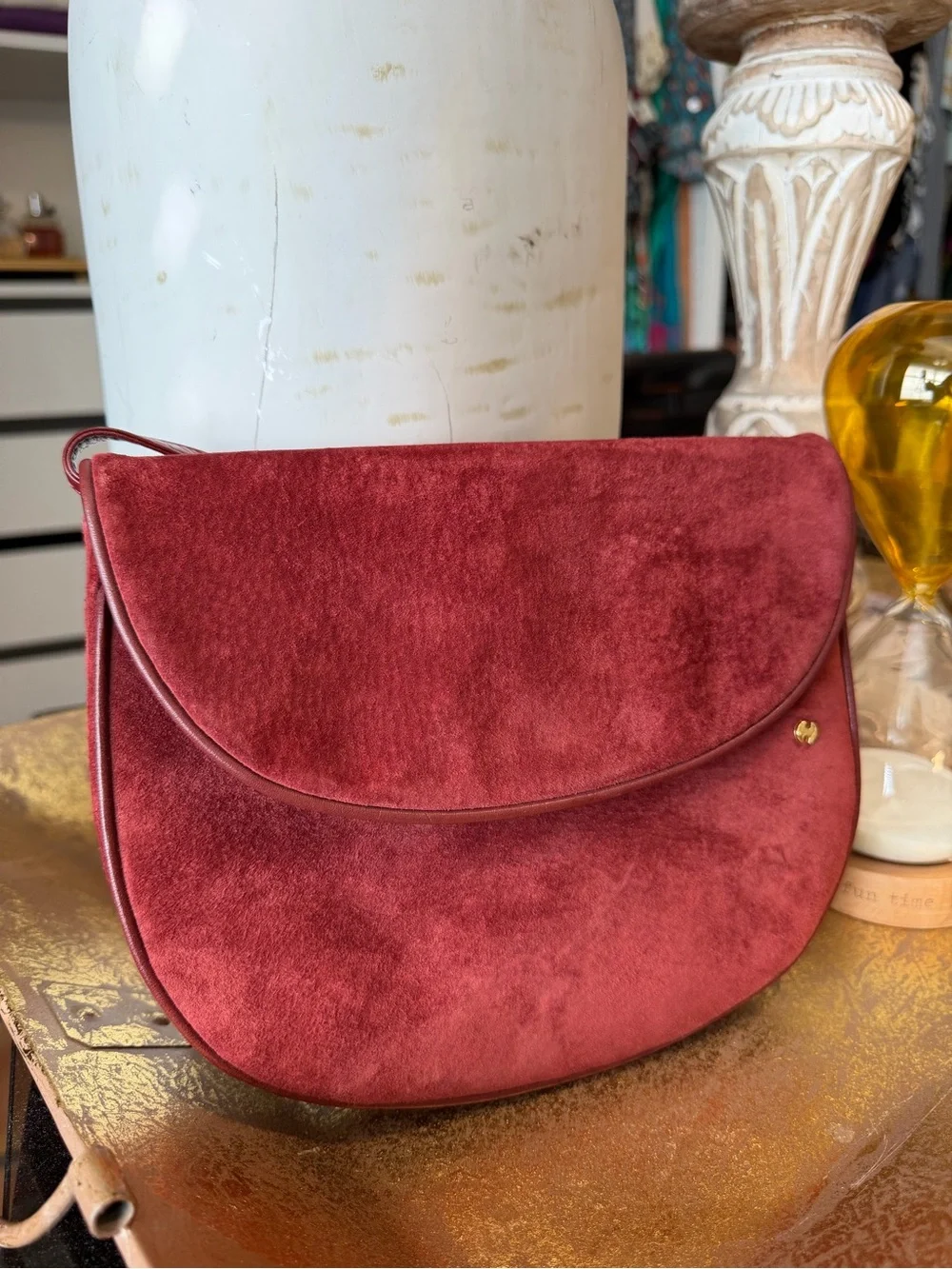 Vintage Halston Burgundy Suede Leather Saddle Crossbody Bag